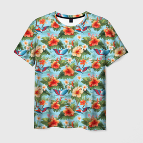 Мужская футболка 3D с принтом Разные  гавайские  цветочки в Тюмени, 100% полиэфир | прямой крой, круглый вырез горловины, длина до линии бедер | 