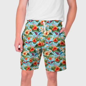 Мужские шорты 3D с принтом Разные  гавайские  цветочки в Тюмени,  полиэстер 100% | прямой крой, два кармана без застежек по бокам. Мягкая трикотажная резинка на поясе, внутри которой широкие завязки. Длина чуть выше колен | 
