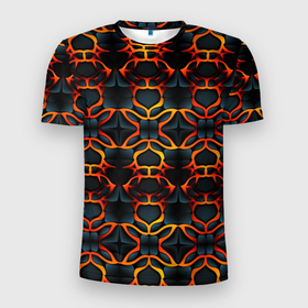 Мужская футболка 3D Slim с принтом Оранжевые неоновые объекты в Кировске, 100% полиэстер с улучшенными характеристиками | приталенный силуэт, круглая горловина, широкие плечи, сужается к линии бедра | 