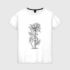 Женская футболка хлопок с принтом фламинго, стоящий возле цветка в Петрозаводске, 100% хлопок | прямой крой, круглый вырез горловины, длина до линии бедер, слегка спущенное плечо | 