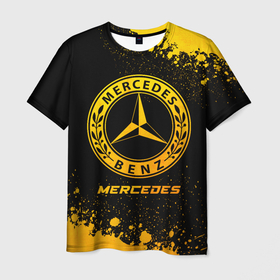 Мужская футболка 3D с принтом Mercedes   gold gradient в Екатеринбурге, 100% полиэфир | прямой крой, круглый вырез горловины, длина до линии бедер | Тематика изображения на принте: 