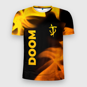 Мужская футболка 3D Slim с принтом Doom   gold gradient: надпись, символ в Курске, 100% полиэстер с улучшенными характеристиками | приталенный силуэт, круглая горловина, широкие плечи, сужается к линии бедра | 