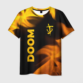 Мужская футболка 3D с принтом Doom   gold gradient: надпись, символ в Курске, 100% полиэфир | прямой крой, круглый вырез горловины, длина до линии бедер | 