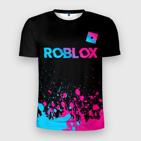 Мужская футболка 3D Slim с принтом Roblox   neon gradient: символ сверху в Кировске, 100% полиэстер с улучшенными характеристиками | приталенный силуэт, круглая горловина, широкие плечи, сужается к линии бедра | 