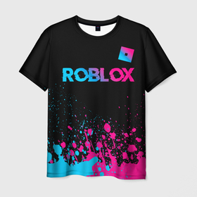Мужская футболка 3D с принтом Roblox   neon gradient: символ сверху в Новосибирске, 100% полиэфир | прямой крой, круглый вырез горловины, длина до линии бедер | 