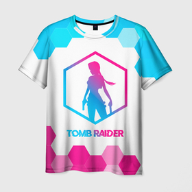 Мужская футболка 3D с принтом Tomb Raider neon gradient style в Тюмени, 100% полиэфир | прямой крой, круглый вырез горловины, длина до линии бедер | 