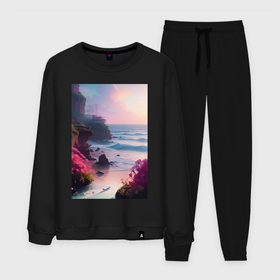 Мужской костюм хлопок с принтом Вечер в бухте в городе Новоалтайск, 100% хлопок | на свитшоте круглая горловина, мягкая резинка по низу. Брюки заужены к низу, на них два вида карманов: два “обычных” по бокам и два объемных, с клапанами, расположенные ниже линии бедра. Брюки с мягкой трикотажной резинкой на поясе и по низу штанин. В поясе для дополнительного комфорта — широкие завязки | 
