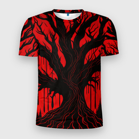 Мужская футболка 3D Slim с принтом Мрачное дерево на закате в Белгороде, 100% полиэстер с улучшенными характеристиками | приталенный силуэт, круглая горловина, широкие плечи, сужается к линии бедра | 