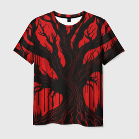 Мужская футболка 3D с принтом Мрачное дерево на закате в Санкт-Петербурге, 100% полиэфир | прямой крой, круглый вырез горловины, длина до линии бедер | 