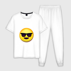 Мужская пижама хлопок с принтом Крутой смайлик в очках в Санкт-Петербурге, 100% хлопок | брюки и футболка прямого кроя, без карманов, на брюках мягкая резинка на поясе и по низу штанин
 | 