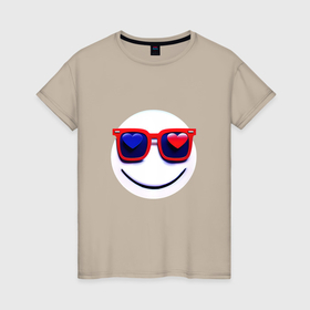 Женская футболка хлопок с принтом Смайлик в очках с сердечками в Новосибирске, 100% хлопок | прямой крой, круглый вырез горловины, длина до линии бедер, слегка спущенное плечо | 