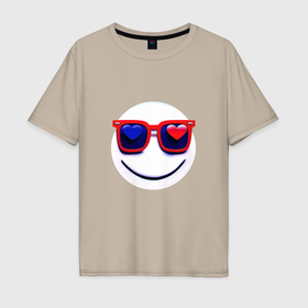Мужская футболка хлопок Oversize с принтом Смайлик в очках с сердечками в Санкт-Петербурге, 100% хлопок | свободный крой, круглый ворот, “спинка” длиннее передней части | 