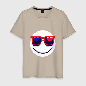 Мужская футболка хлопок с принтом Смайлик в очках с сердечками в Санкт-Петербурге, 100% хлопок | прямой крой, круглый вырез горловины, длина до линии бедер, слегка спущенное плечо. | 