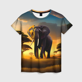 Женская футболка 3D с принтом Слон и рассвет в саванне в Тюмени, 100% полиэфир ( синтетическое хлопкоподобное полотно) | прямой крой, круглый вырез горловины, длина до линии бедер | 