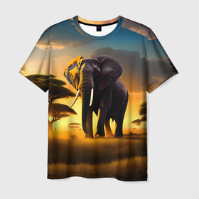 Мужская футболка 3D с принтом Слон и рассвет в саванне в Тюмени, 100% полиэфир | прямой крой, круглый вырез горловины, длина до линии бедер | 