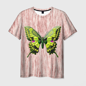 Мужская футболка 3D с принтом Бабочка махаон на абстрактном фоне в Новосибирске, 100% полиэфир | прямой крой, круглый вырез горловины, длина до линии бедер | 