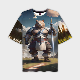 Мужская футболка oversize 3D с принтом Медведь берсерк с двуручным мечом в Курске,  |  | 