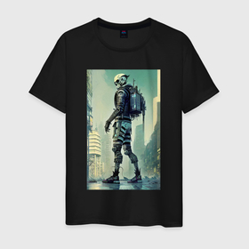 Мужская футболка хлопок с принтом Skeleton   cyberpunk   metropolis в Курске, 100% хлопок | прямой крой, круглый вырез горловины, длина до линии бедер, слегка спущенное плечо. | 