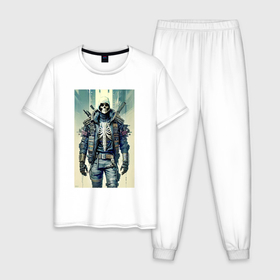 Мужская пижама хлопок с принтом Skeleton   cyber ninja   neural network в Тюмени, 100% хлопок | брюки и футболка прямого кроя, без карманов, на брюках мягкая резинка на поясе и по низу штанин
 | Тематика изображения на принте: 