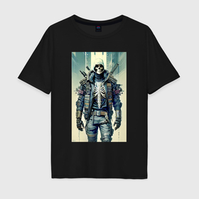 Мужская футболка хлопок Oversize с принтом Skeleton   cyber ninja   neural network в Тюмени, 100% хлопок | свободный крой, круглый ворот, “спинка” длиннее передней части | 