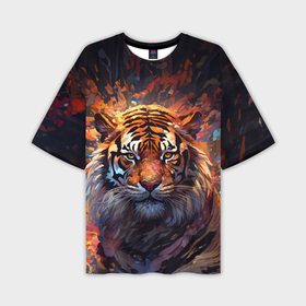 Мужская футболка oversize 3D с принтом Тигр на фоне всплеска красок   нейросеть ,  |  | Тематика изображения на принте: 