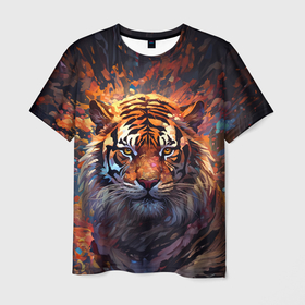 Мужская футболка 3D с принтом Тигр на фоне всплеска красок   нейросеть в Кировске, 100% полиэфир | прямой крой, круглый вырез горловины, длина до линии бедер | 
