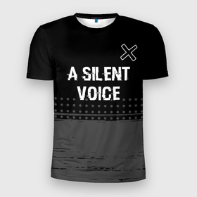 Мужская футболка 3D Slim с принтом A Silent Voice glitch на темном фоне: символ сверху в Петрозаводске, 100% полиэстер с улучшенными характеристиками | приталенный силуэт, круглая горловина, широкие плечи, сужается к линии бедра | 