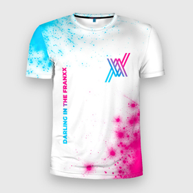 Мужская футболка 3D Slim с принтом Darling in the FranXX neon gradient style: надпись, символ в Курске, 100% полиэстер с улучшенными характеристиками | приталенный силуэт, круглая горловина, широкие плечи, сужается к линии бедра | 