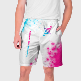 Мужские шорты 3D с принтом Darling in the FranXX neon gradient style: надпись, символ ,  полиэстер 100% | прямой крой, два кармана без застежек по бокам. Мягкая трикотажная резинка на поясе, внутри которой широкие завязки. Длина чуть выше колен | 