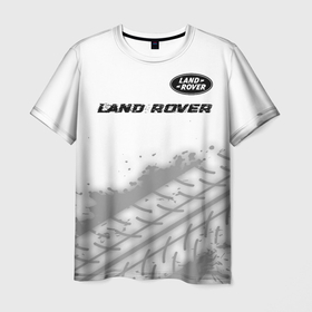 Мужская футболка 3D с принтом Land Rover speed на светлом фоне со следами шин: символ сверху в Курске, 100% полиэфир | прямой крой, круглый вырез горловины, длина до линии бедер | Тематика изображения на принте: 