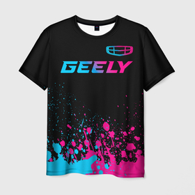 Мужская футболка 3D с принтом Geely   neon gradient: символ сверху в Белгороде, 100% полиэфир | прямой крой, круглый вырез горловины, длина до линии бедер | Тематика изображения на принте: 