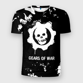 Мужская футболка 3D Slim с принтом Gears of War glitch на темном фоне в Санкт-Петербурге, 100% полиэстер с улучшенными характеристиками | приталенный силуэт, круглая горловина, широкие плечи, сужается к линии бедра | Тематика изображения на принте: 