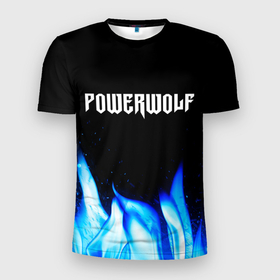 Мужская футболка 3D Slim с принтом Powerwolf blue fire в Екатеринбурге, 100% полиэстер с улучшенными характеристиками | приталенный силуэт, круглая горловина, широкие плечи, сужается к линии бедра | 