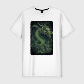 Мужская футболка хлопок Slim с принтом Зеленый травяной дракон: арт нейросети в Тюмени, 92% хлопок, 8% лайкра | приталенный силуэт, круглый вырез ворота, длина до линии бедра, короткий рукав | Тематика изображения на принте: 
