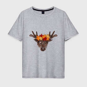 Мужская футболка хлопок Oversize с принтом Лось в солнечных очках и венке из кленовых листьев в Белгороде, 100% хлопок | свободный крой, круглый ворот, “спинка” длиннее передней части | 