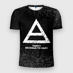 Мужская футболка 3D Slim с принтом Thirty Seconds to Mars с потертостями на темном фоне в Санкт-Петербурге, 100% полиэстер с улучшенными характеристиками | приталенный силуэт, круглая горловина, широкие плечи, сужается к линии бедра | Тематика изображения на принте: 