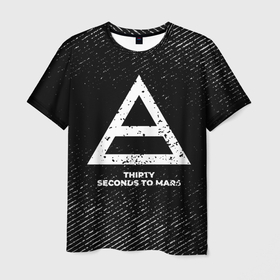 Мужская футболка 3D с принтом Thirty Seconds to Mars с потертостями на темном фоне в Санкт-Петербурге, 100% полиэфир | прямой крой, круглый вырез горловины, длина до линии бедер | 