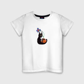 Детская футболка хлопок с принтом Кот с цветком и кофе в Новосибирске, 100% хлопок | круглый вырез горловины, полуприлегающий силуэт, длина до линии бедер | Тематика изображения на принте: 