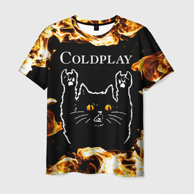 Мужская футболка 3D с принтом Coldplay рок кот и огонь в Екатеринбурге, 100% полиэфир | прямой крой, круглый вырез горловины, длина до линии бедер | 