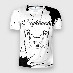 Мужская футболка 3D Slim с принтом Nightwish рок кот на светлом фоне в Санкт-Петербурге, 100% полиэстер с улучшенными характеристиками | приталенный силуэт, круглая горловина, широкие плечи, сужается к линии бедра | 