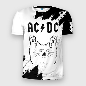 Мужская футболка 3D Slim с принтом AC DC рок кот на светлом фоне в Курске, 100% полиэстер с улучшенными характеристиками | приталенный силуэт, круглая горловина, широкие плечи, сужается к линии бедра | 
