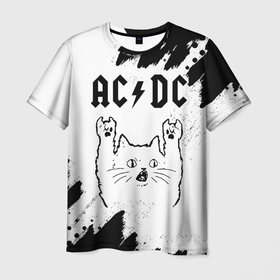 Мужская футболка 3D с принтом AC DC рок кот на светлом фоне в Белгороде, 100% полиэфир | прямой крой, круглый вырез горловины, длина до линии бедер | Тематика изображения на принте: 
