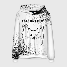 Мужская толстовка 3D с принтом Fall Out Boy рок кот на светлом фоне в Белгороде, 100% полиэстер | двухслойный капюшон со шнурком для регулировки, мягкие манжеты на рукавах и по низу толстовки, спереди карман-кенгуру с мягким внутренним слоем. | Тематика изображения на принте: 