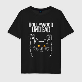 Мужская футболка хлопок Oversize с принтом Hollywood Undead rock cat в Тюмени, 100% хлопок | свободный крой, круглый ворот, “спинка” длиннее передней части | 