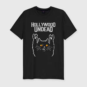 Мужская футболка хлопок Slim с принтом Hollywood Undead rock cat в Тюмени, 92% хлопок, 8% лайкра | приталенный силуэт, круглый вырез ворота, длина до линии бедра, короткий рукав | 