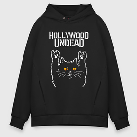 Мужское худи Oversize хлопок с принтом Hollywood Undead rock cat в Тюмени, френч-терри — 70% хлопок, 30% полиэстер. Мягкий теплый начес внутри —100% хлопок | боковые карманы, эластичные манжеты и нижняя кромка, капюшон на магнитной кнопке | Тематика изображения на принте: 