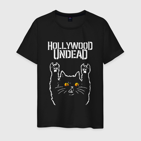 Мужская футболка хлопок с принтом Hollywood Undead rock cat в Белгороде, 100% хлопок | прямой крой, круглый вырез горловины, длина до линии бедер, слегка спущенное плечо. | 