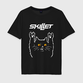 Мужская футболка хлопок Oversize с принтом Skillet rock cat в Санкт-Петербурге, 100% хлопок | свободный крой, круглый ворот, “спинка” длиннее передней части | Тематика изображения на принте: 