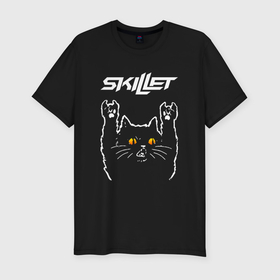 Мужская футболка хлопок Slim с принтом Skillet rock cat в Санкт-Петербурге, 92% хлопок, 8% лайкра | приталенный силуэт, круглый вырез ворота, длина до линии бедра, короткий рукав | Тематика изображения на принте: 