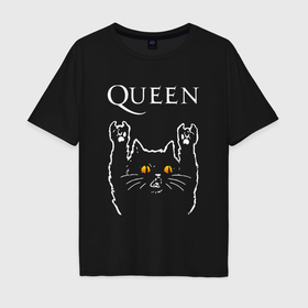 Мужская футболка хлопок Oversize с принтом Queen rock cat в Петрозаводске, 100% хлопок | свободный крой, круглый ворот, “спинка” длиннее передней части | 